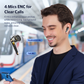 Man wearing EarFun Air 2 earbud in a transit station, showing internal diagram of earbud with feedforward and talk microphones to highlight 4-mic ENC technology for clear calls