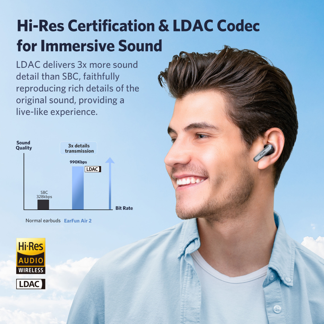 Man wearing EarFun Air 2 earbud, with Hi-Res Audio and LDAC logos and a chart comparing sound detail transmission for LDAC versus SBC codecs, highlighting immersive sound quality.