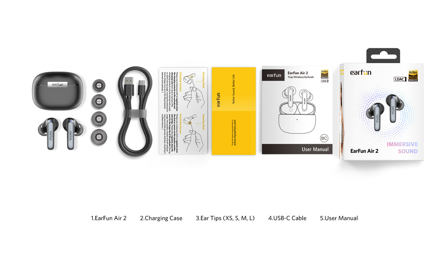 EarFun Air 2 wireless earbuds package contents including earbuds, charging case, four sizes of ear tips, USB-C cable, quick guide, warranty card, user manual and retail box, displayed in a row.
