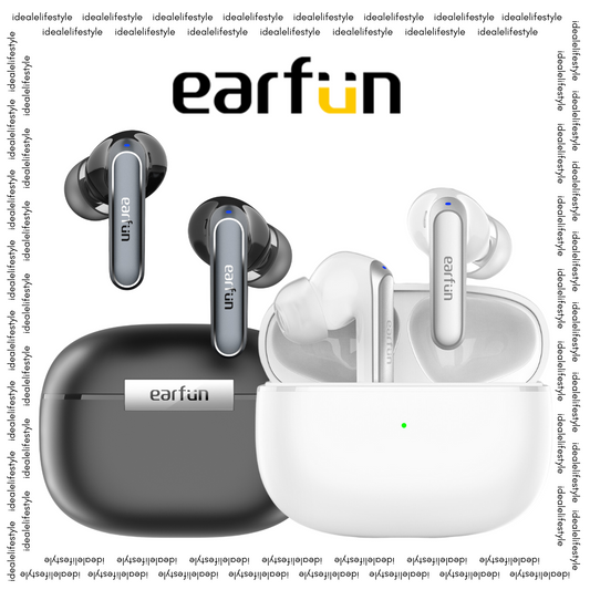 EarFun Air 2 wireless earbuds in black and white color options, displayed with charging cases and brand logo.