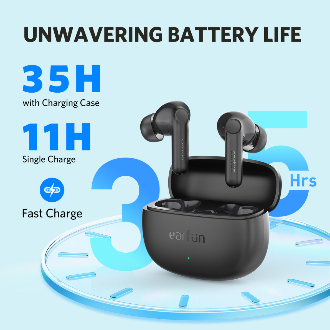 EarFun Air Life Wireless Earbuds in black with charging case, showcasing 35H battery life and fast charge features