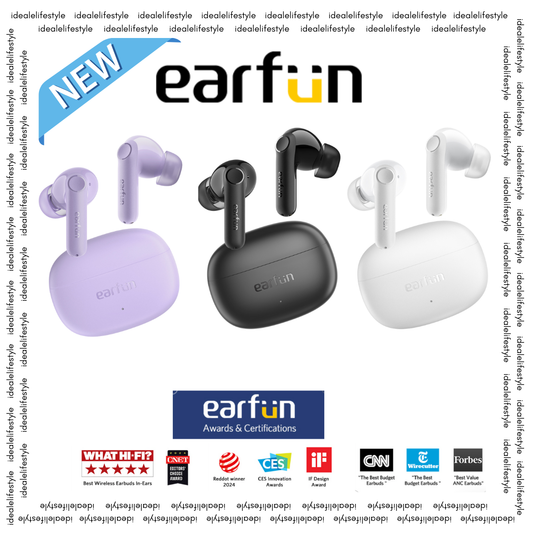 EarFun Air Life Wireless Earbuds in purple, black, and white colors, with charging cases, official EarFun branding, and awards certifications.