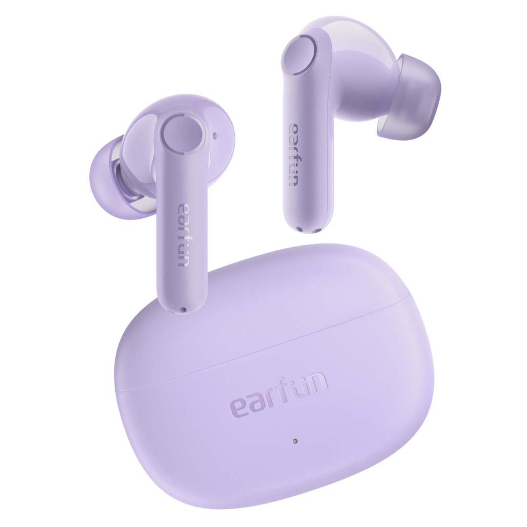 EarFun Air Life Wireless Earbuds in pastel purple with charging case.