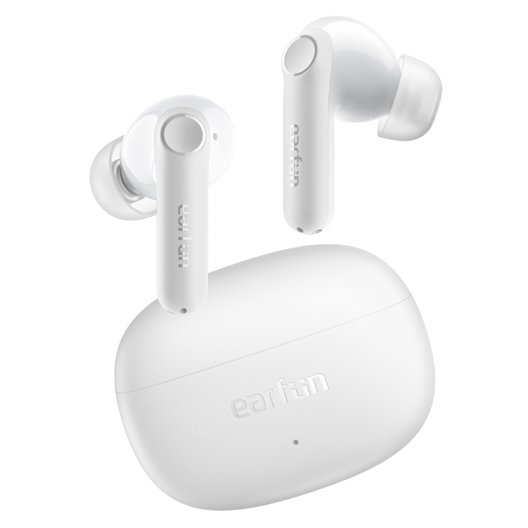 EarFun Air Life Wireless Earbuds in sleek white color with matching charging case on white background.