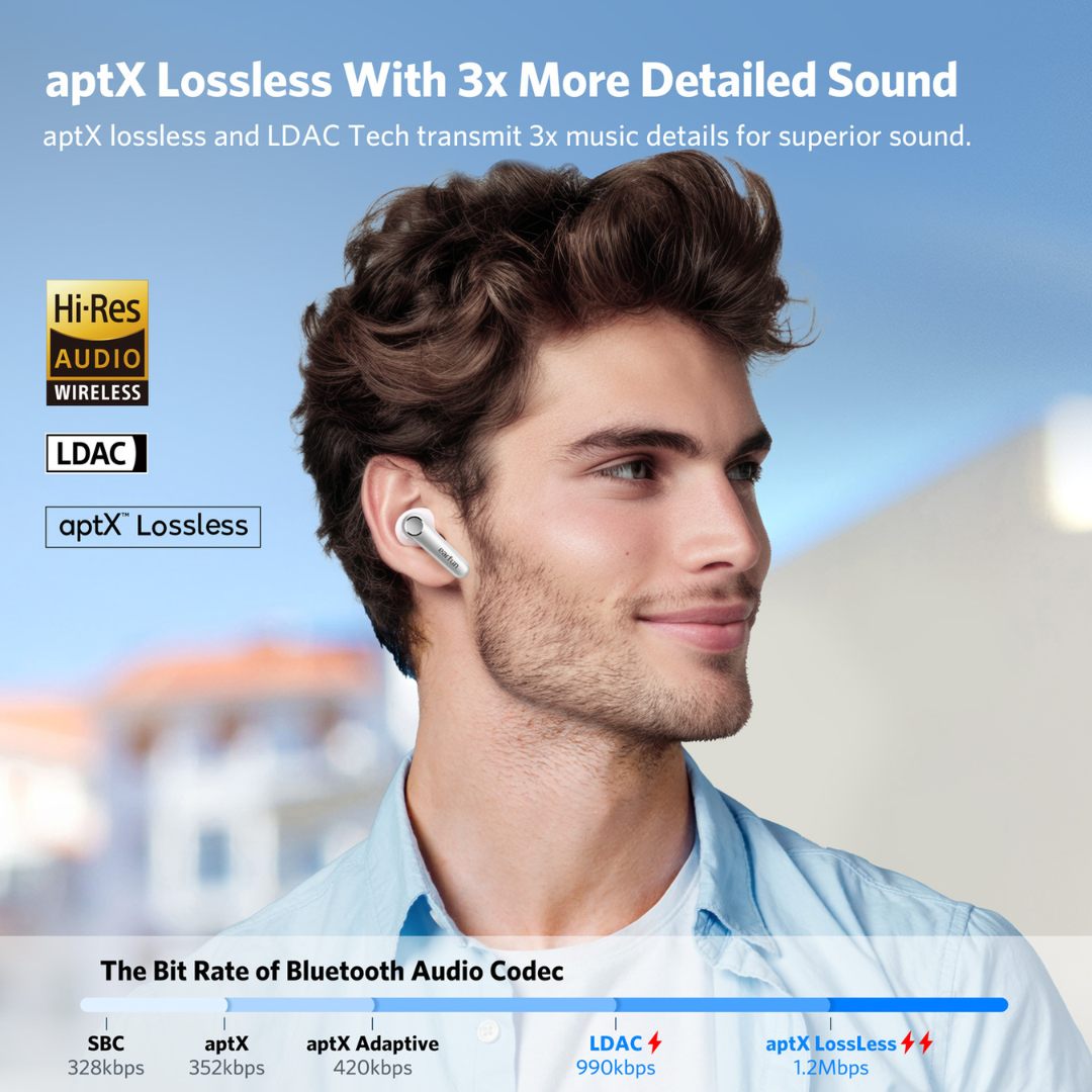 Man wearing white EarFun Air Pro 4 wireless earbud in an outdoor setting, with overlay text highlighting aptX Lossless, LDAC, Hi-Res Audio codecs, and a Bluetooth audio codec bitrate comparison chart, emphasizing 3x more detailed sound.