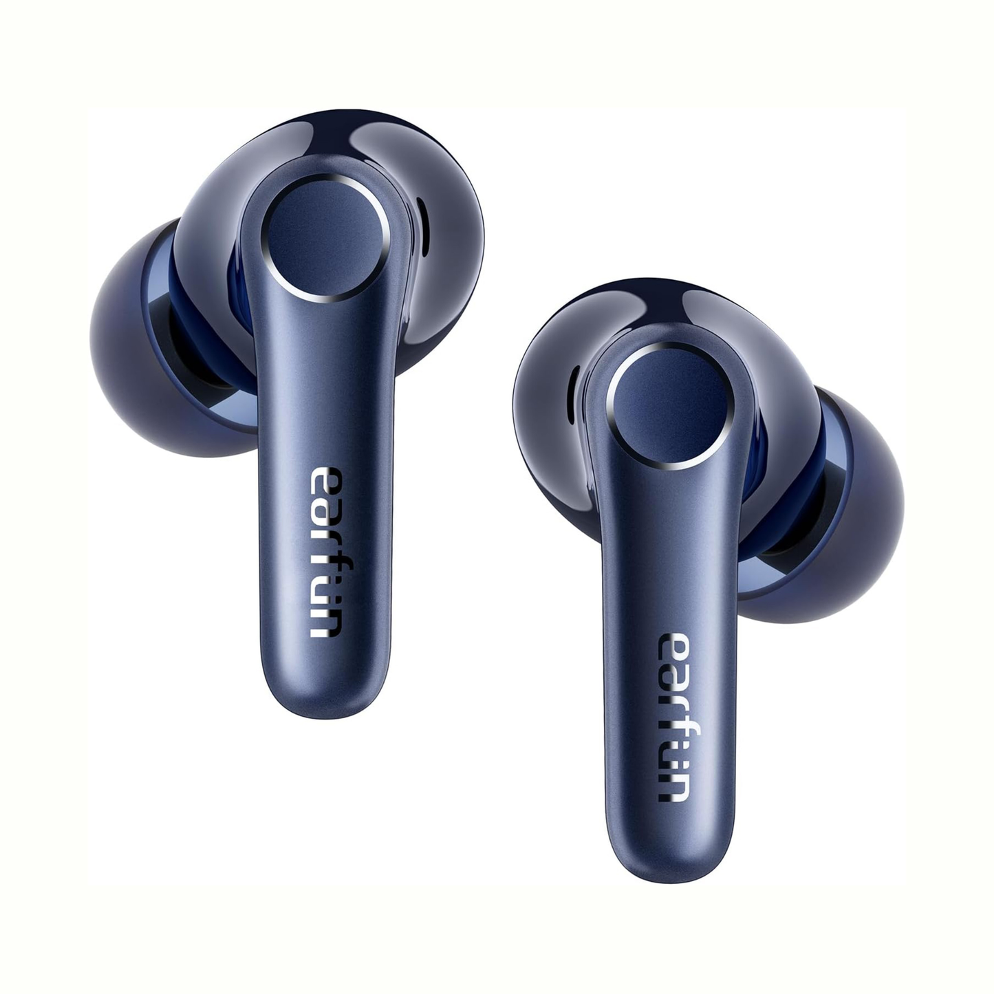 Pair of EarFun Air Pro 4 wireless earbuds in dark blue, shown isolated on a white background with the EarFun logo visible on each earbud.