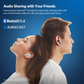 Man and woman wearing EarFun Air Pro 4 wireless earbuds facing opposite directions, with 'Audio Sharing with Your Friends' text and graphics highlighting Bluetooth 5.4 and Auracast technology on a blue background