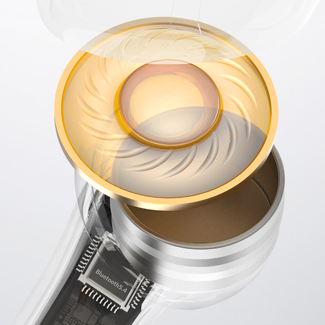 Close-up cutaway view of an EarFun Air Pro 4 earbud showing its gold-colored dynamic driver, internal Bluetooth 5.4 chip, and circuit components through a transparent casing.