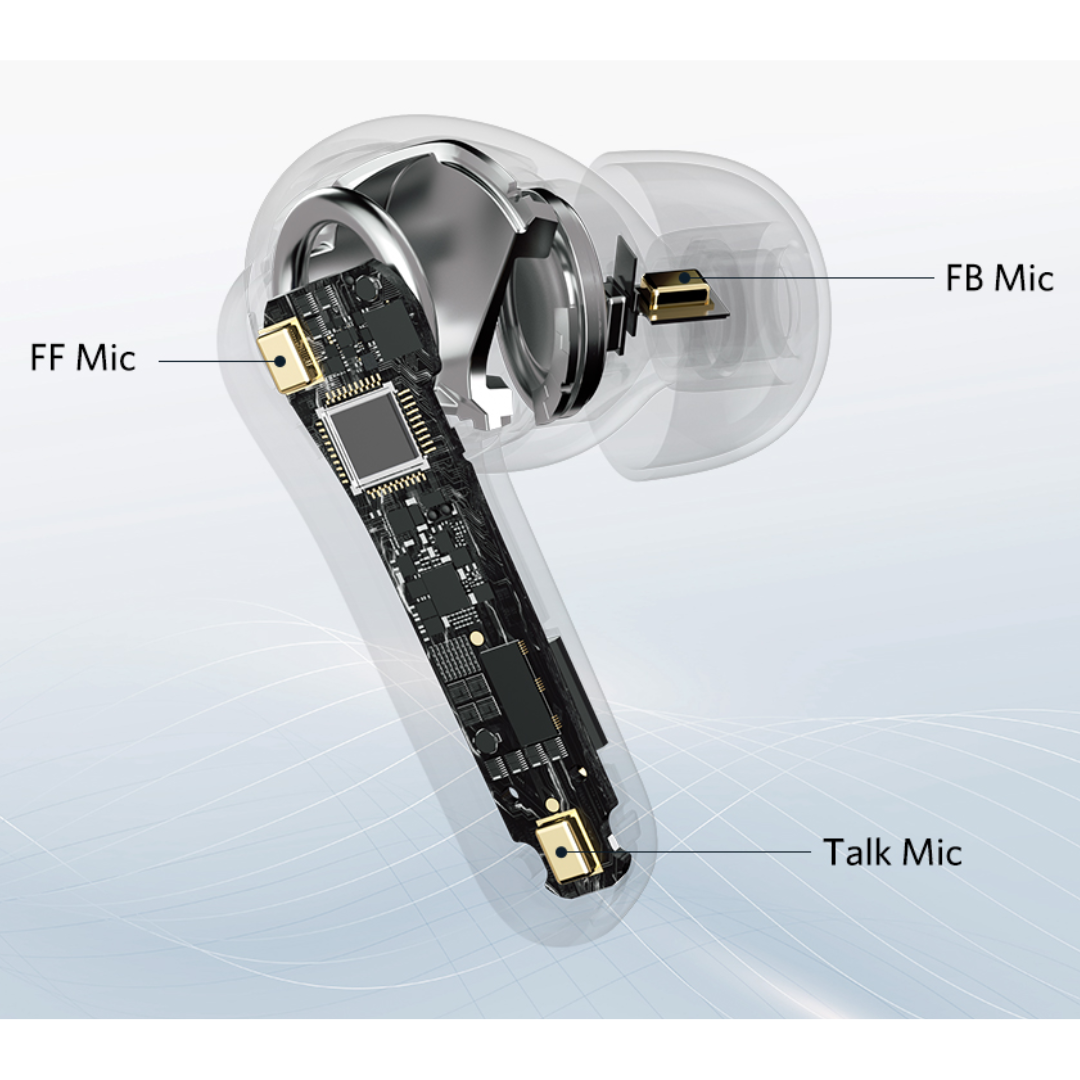 Technical diagram of a transparent EarFun Air Pro 4 earbud shows internal circuit board and the positions of the FF mic, FB mic, and Talk mic components, each labeled for clarity.