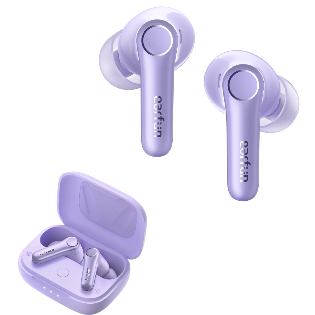 Pair of EarFun Air Pro 4 wireless earbuds in a glossy purple finish, shown both outside and inside their matching open charging case, with LED indicators visible on the front of the case.