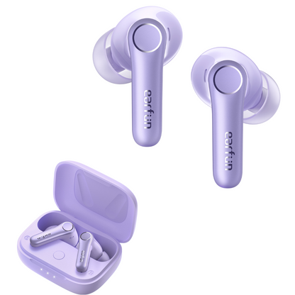 Pair of EarFun Air Pro 4 wireless earbuds in a glossy purple finish, shown both outside and inside their matching open charging case, with LED indicators visible on the front of the case.