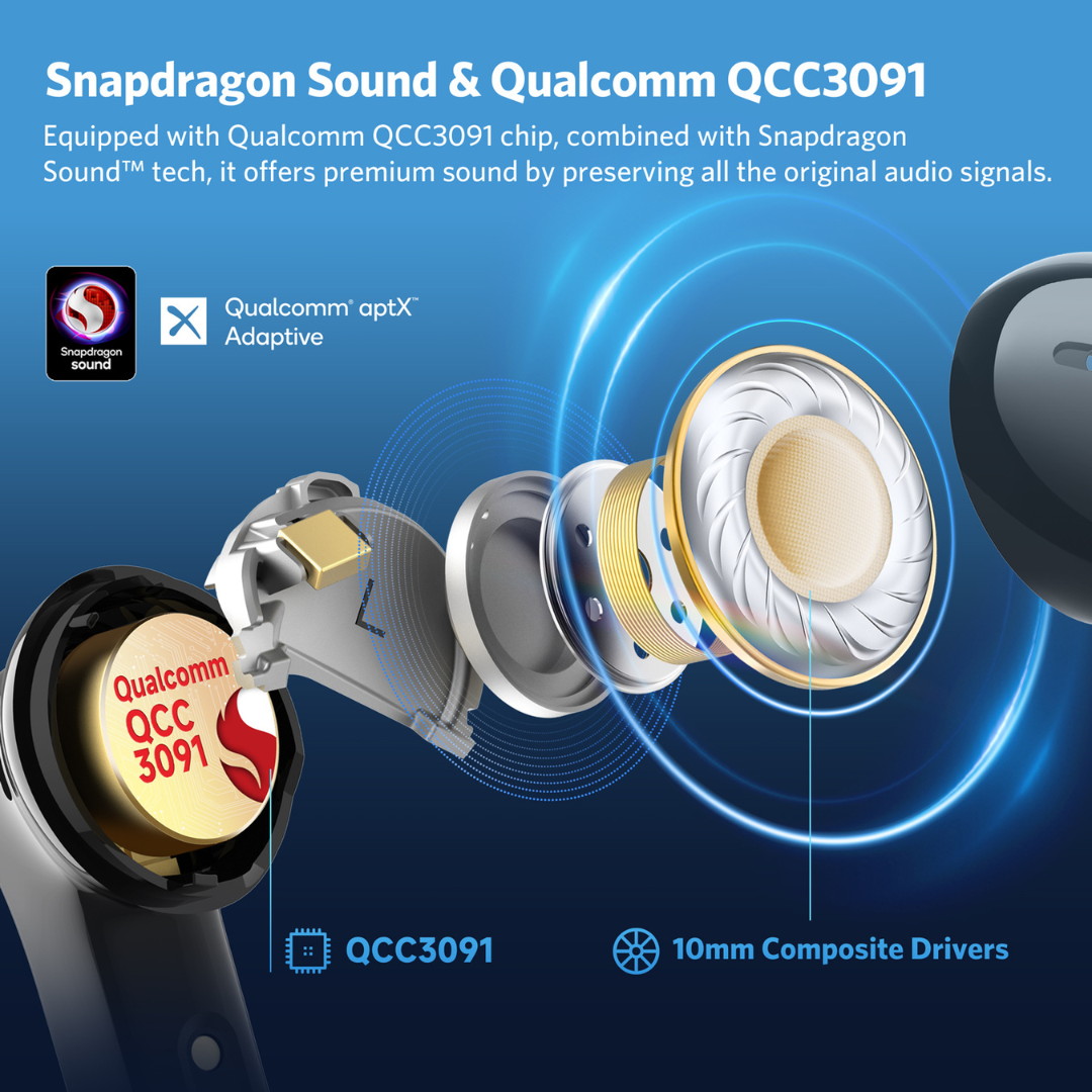 Technical illustration showing exploded view of EarFun Air Pro 4 earbud internal components, highlighting the Qualcomm QCC3091 chip, 10mm composite audio drivers, Snapdragon Sound and aptX Adaptive technology.