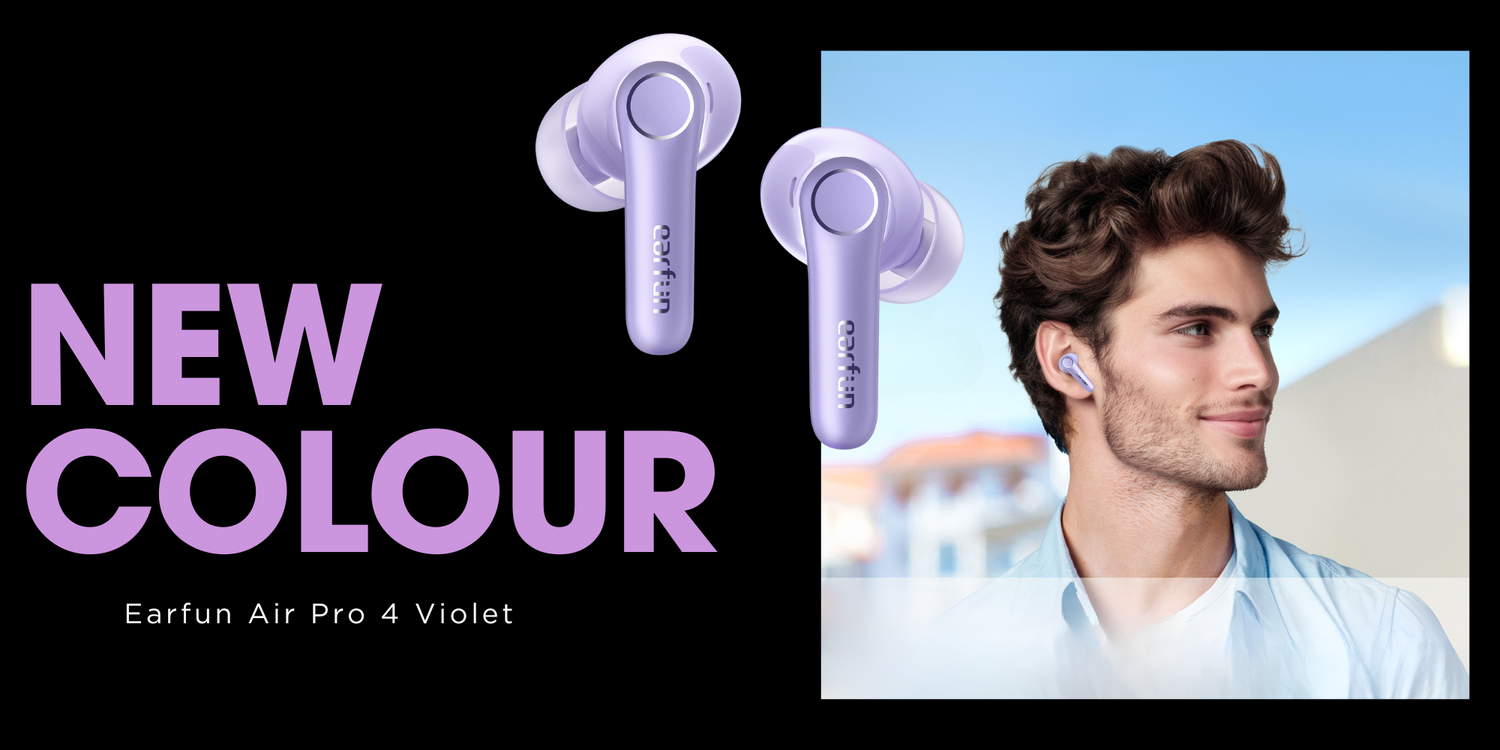 Earfun Air Pro 4 wireless earbuds in violet color, shown with a smiling man wearing them, and large "New Colour" text.