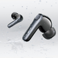 Pair of EarFun Air Pro 4 wireless earbuds in dark grey, shown with water droplets to highlight their water resistance rating, floating against a light background