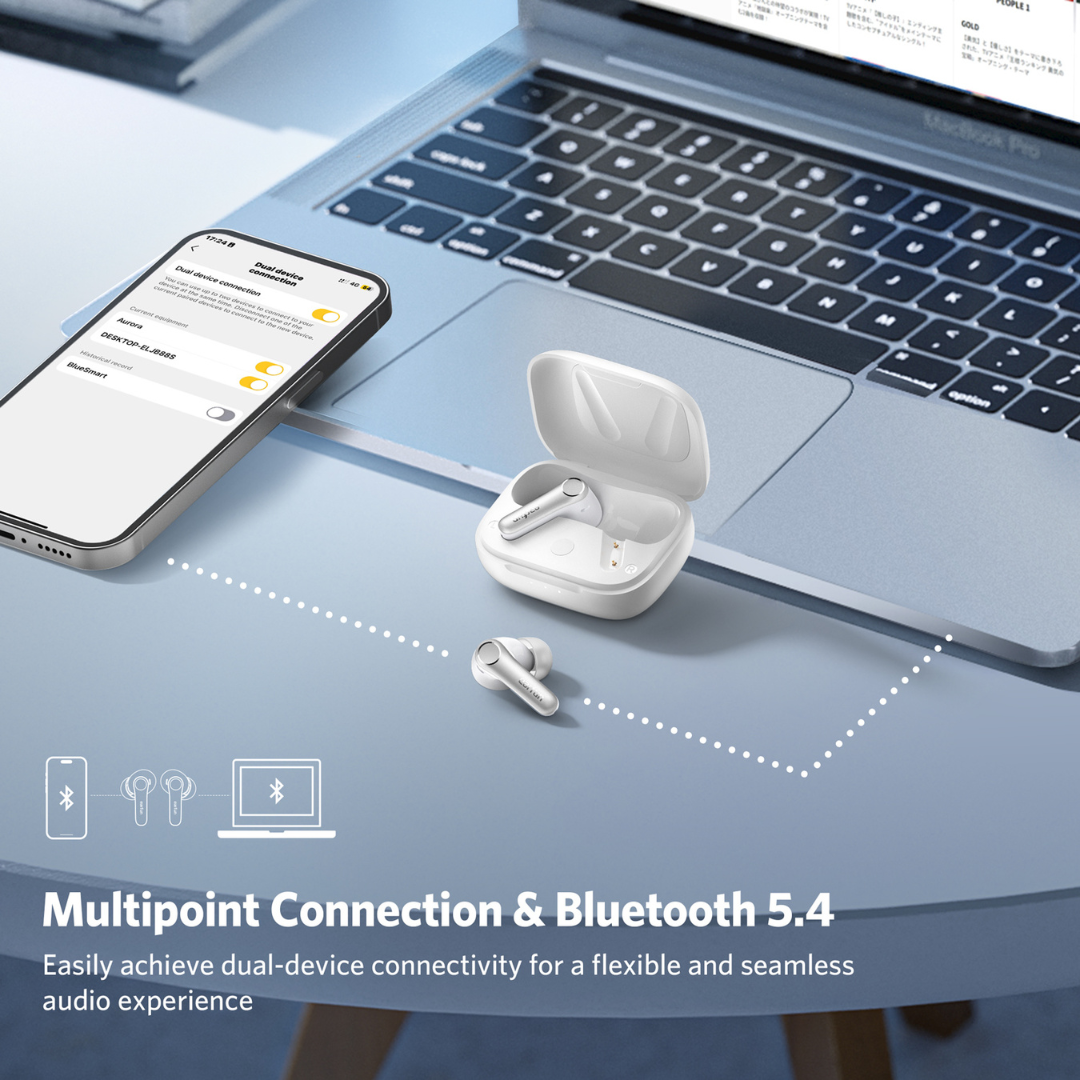 White EarFun Air Pro 4 wireless earbuds with charging case placed next to a smartphone and laptop, illustrating multipoint connection and Bluetooth 5.4 dual-device connectivity for seamless audio experience.