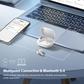 White EarFun Air Pro 4 wireless earbuds with charging case placed next to a smartphone and laptop, illustrating multipoint connection and Bluetooth 5.4 dual-device connectivity for seamless audio experience.