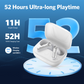 White EarFun Air Pro 4 wireless earbuds shown in open charging case on a clock face graphic, with '52 Hours Ultra-long Playtime', '11H Single Charge', '52H With Charging Case', and wireless charging/USB-C icons displayed on a blue background