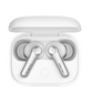 Pair of EarFun Air Pro 4 wireless earbuds in glossy white, securely placed inside their open charging case, viewed from above.