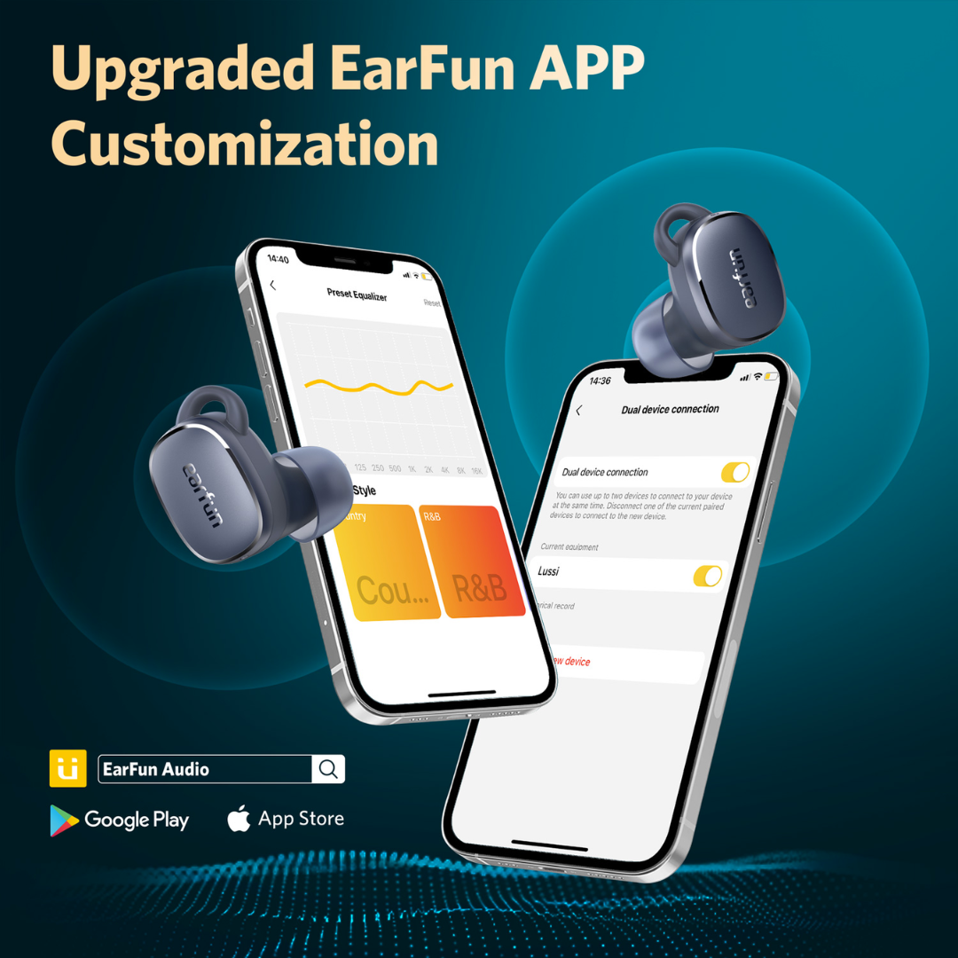 EarFun earbuds and smartphones showing the upgraded EarFun App with equalizer and dual device connection features, compatible with Google Play and App Store.