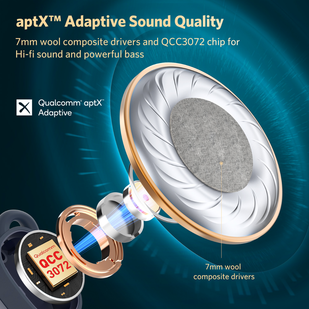 Exploded diagram of EarFun earbud showing aptX Adaptive sound quality with 7mm wool composite drivers and Qualcomm QCC3072 chip for hi-fi audio and deep bass.