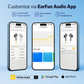 Three smartphones displaying EarFun Audio App features including touch control customization, personalized EQ settings, and headphone finder; compatible with Google Play and App Store.