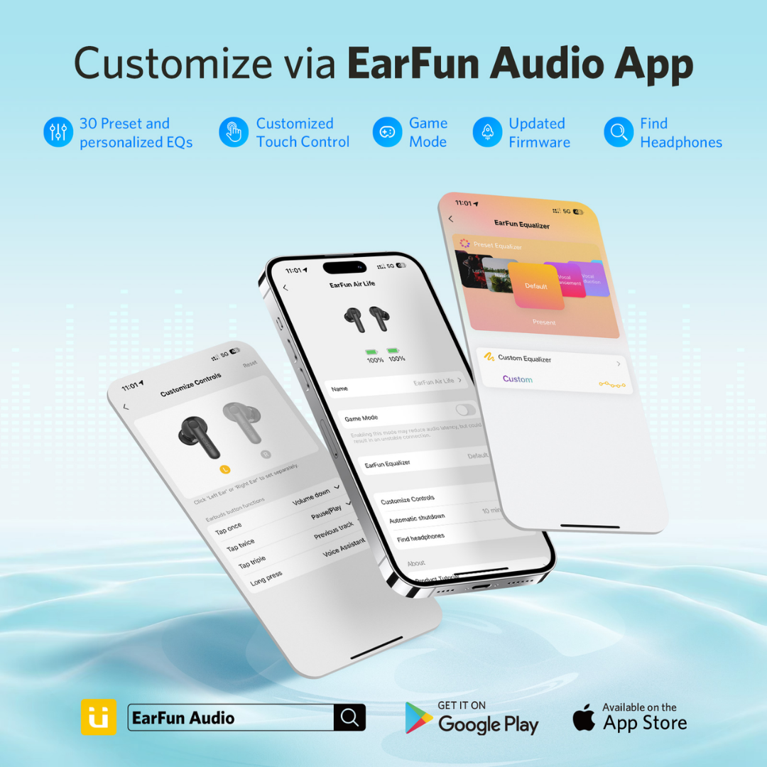 Three smartphones displaying EarFun Audio App features including EQ presets, customized touch controls, and game mode, compatible with Google Play and App Store