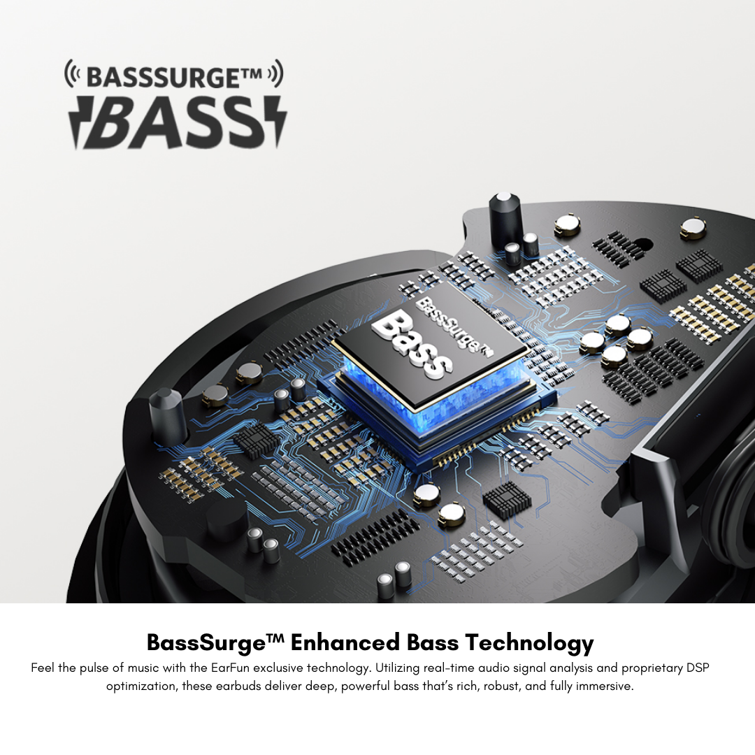 Close-up of EarFun BassSurge™ Enhanced Bass Technology chipset, showcasing advanced audio signal processing for deep, powerful bass in wireless earbuds.