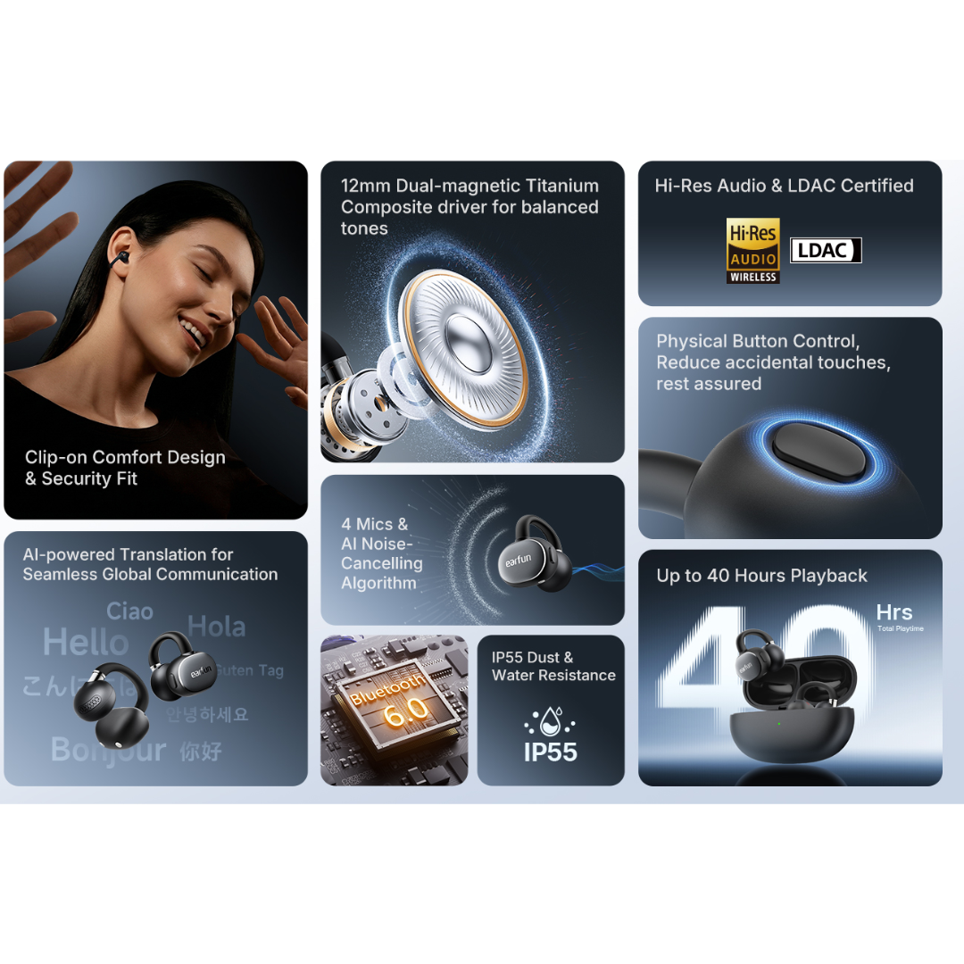EarFun Clip 2 earbuds feature collage showing clip-on comfort fit, 12mm dual-magnetic titanium driver, Hi-Res Audio LDAC, AI translation, 4-mic AI noise cancelling, Bluetooth 6.0, IP55 dust and water resistance and up to 40 hours playback