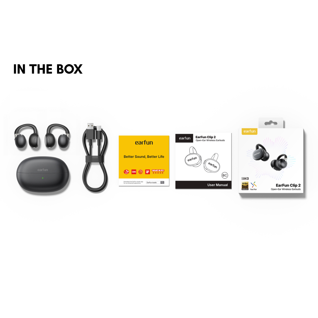 EarFun Clip 2 open-ear earbuds box contents including earbuds, charging case, USB-C cable, quick start guide, user manual and retail packaging arranged on white background