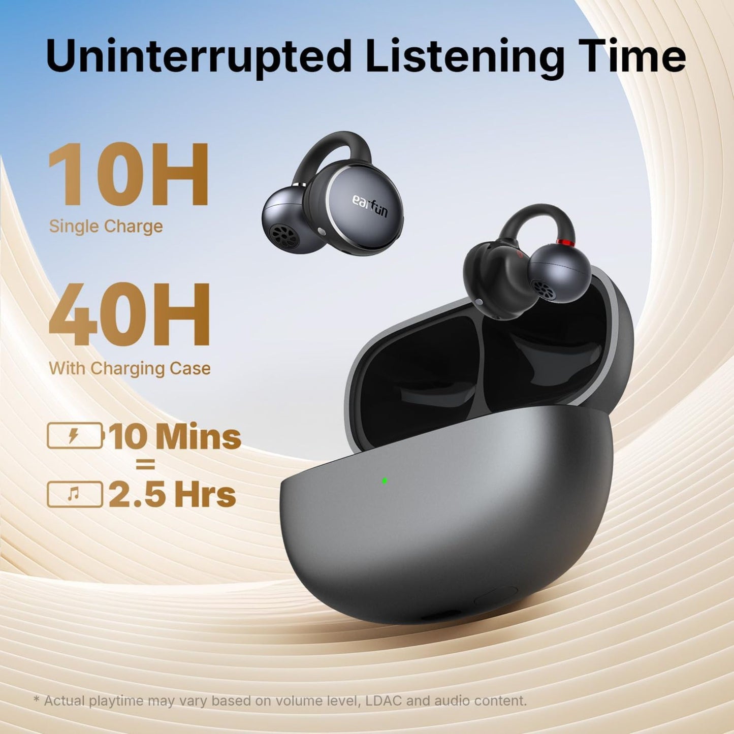 EarFun Clip LDAC Bluetooth Earbuds and charging case displaying 10 hours playtime on single charge, 40 hours with case, and 10-min fast charge for 2.5 hours playback