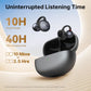 EarFun Clip LDAC Bluetooth Earbuds and charging case displaying 10 hours playtime on single charge, 40 hours with case, and 10-min fast charge for 2.5 hours playback
