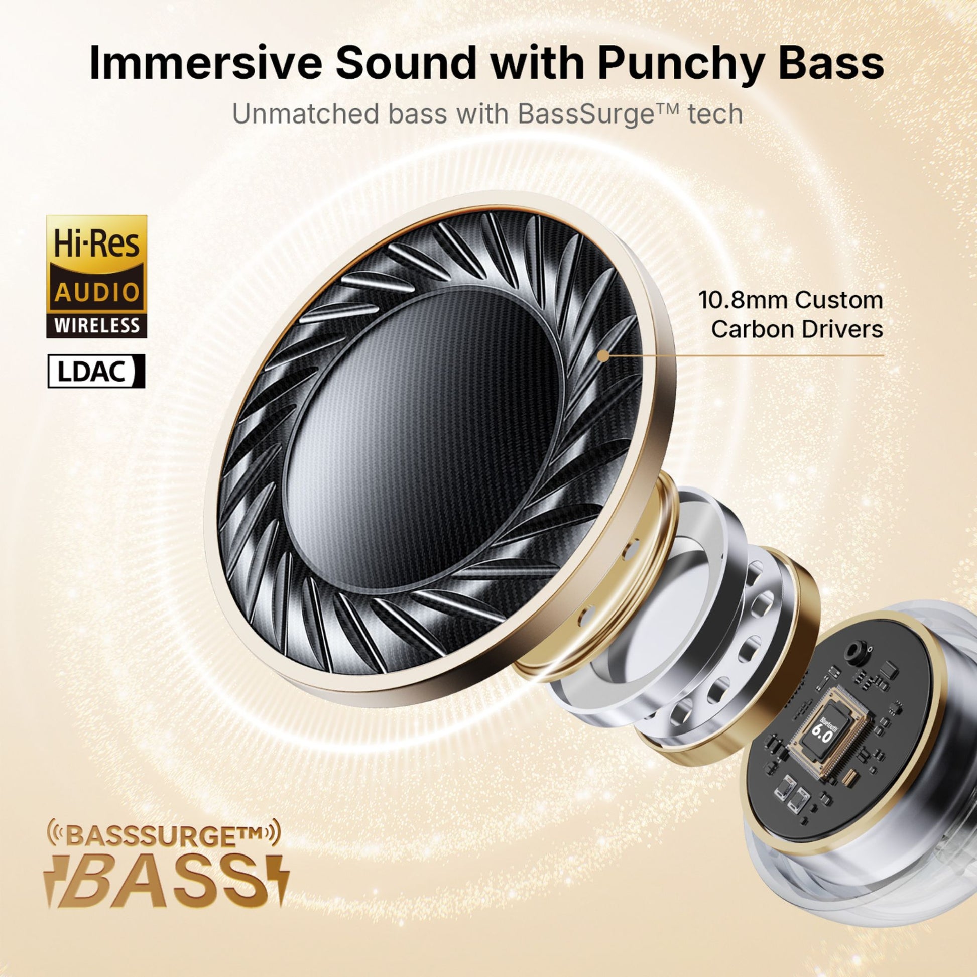 EarFun Clip LDAC Bluetooth Earbuds custom 10.8mm carbon driver and BassSurge punchy bass tech, Hi-Res audio LDAC certification