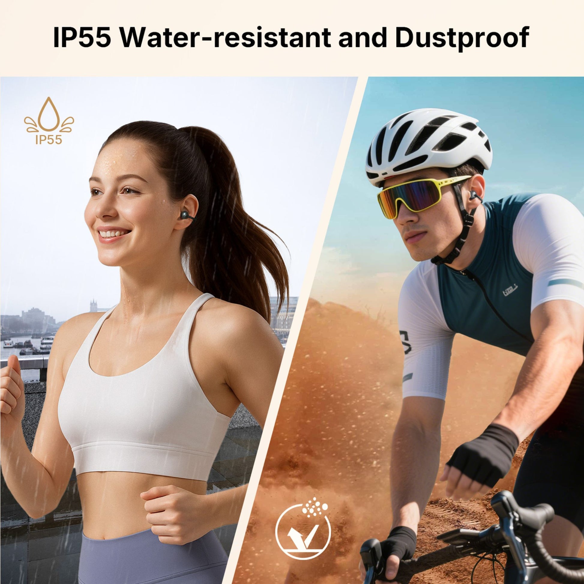 Woman running in rain and man cycling in dust, both wearing EarFun Clip LDAC Bluetooth Earbuds with IP55 water-resistant and dustproof protection