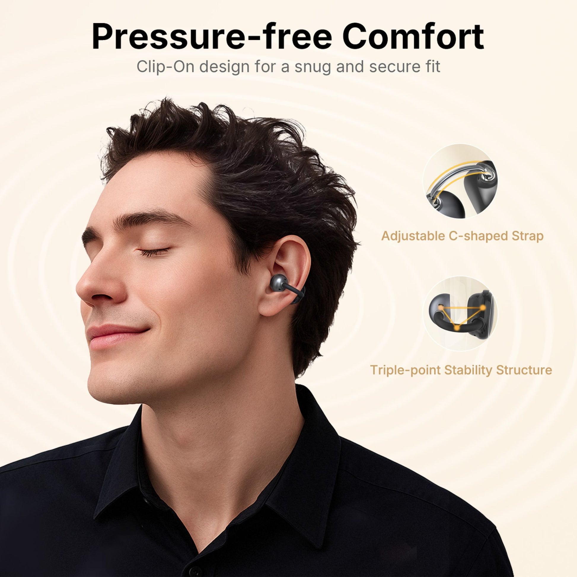 Man wearing EarFun Clip LDAC Open-Ear Bluetooth Earbuds, showing adjustable C-shaped strap and stability structure for pressure-free comfort