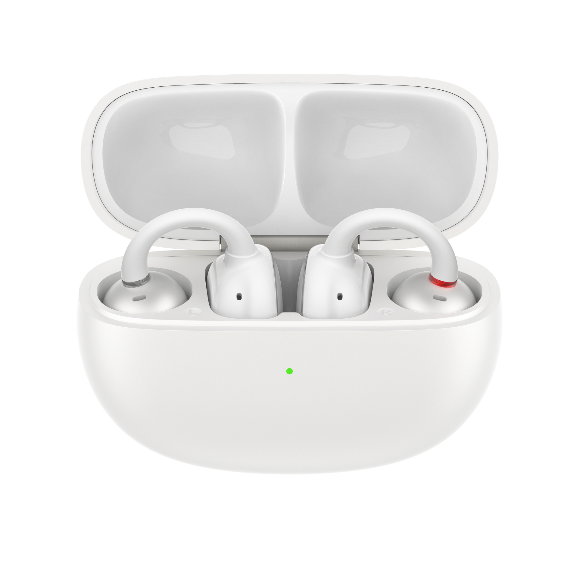 EarFun Clip white true wireless earbuds with earhooks in open charging case, front view.
