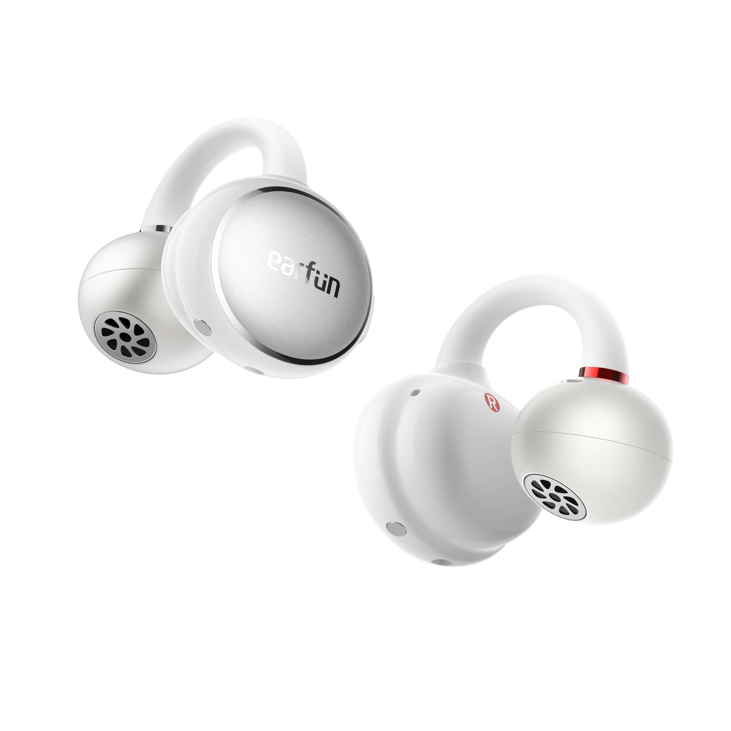 EarFun Clip wireless earbuds in white, featuring secure ear hooks and a stylish circular design, shown isolated on a white background.