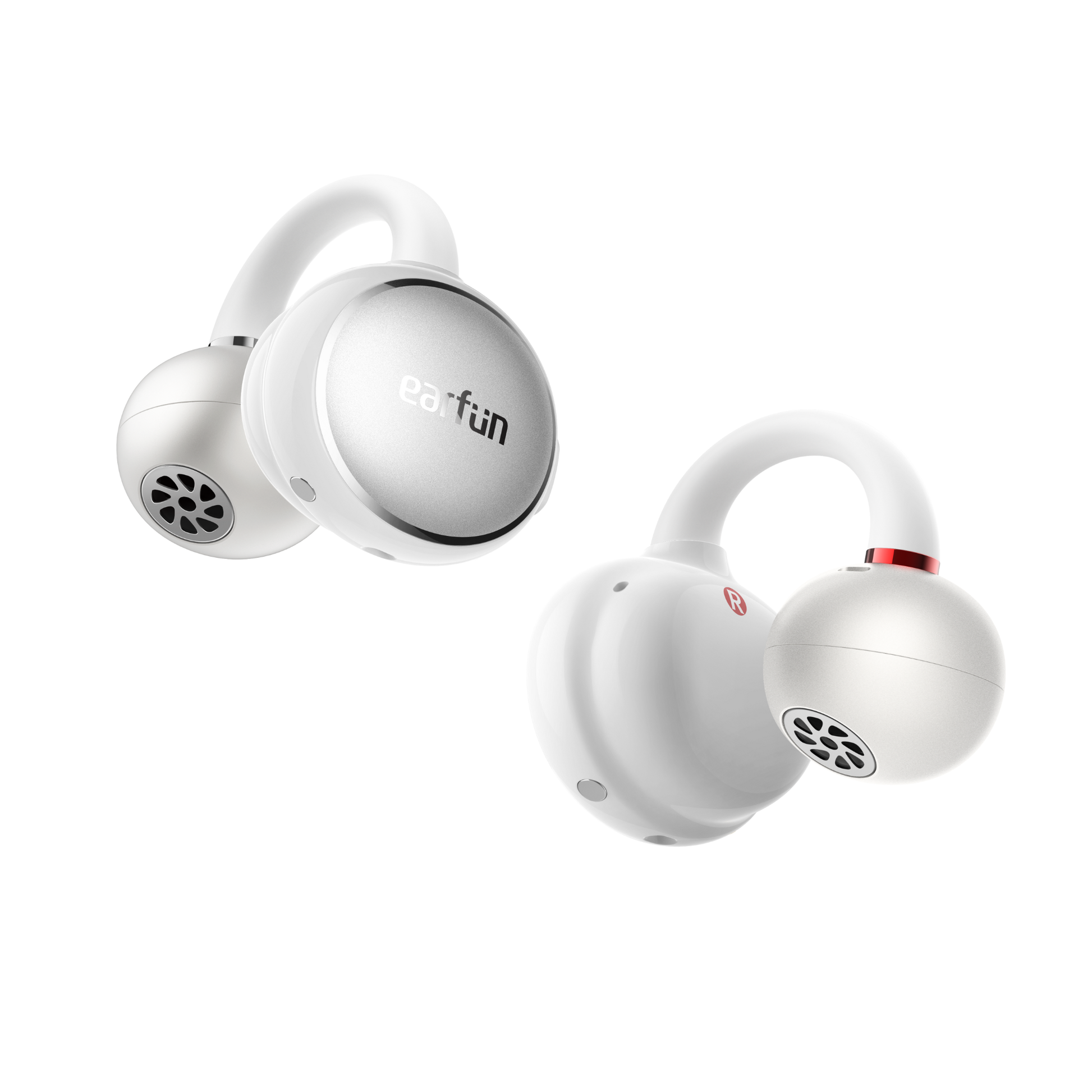 EarFun Clip wireless earbuds in white, featuring secure ear hooks and a stylish circular design, shown isolated on a white background.