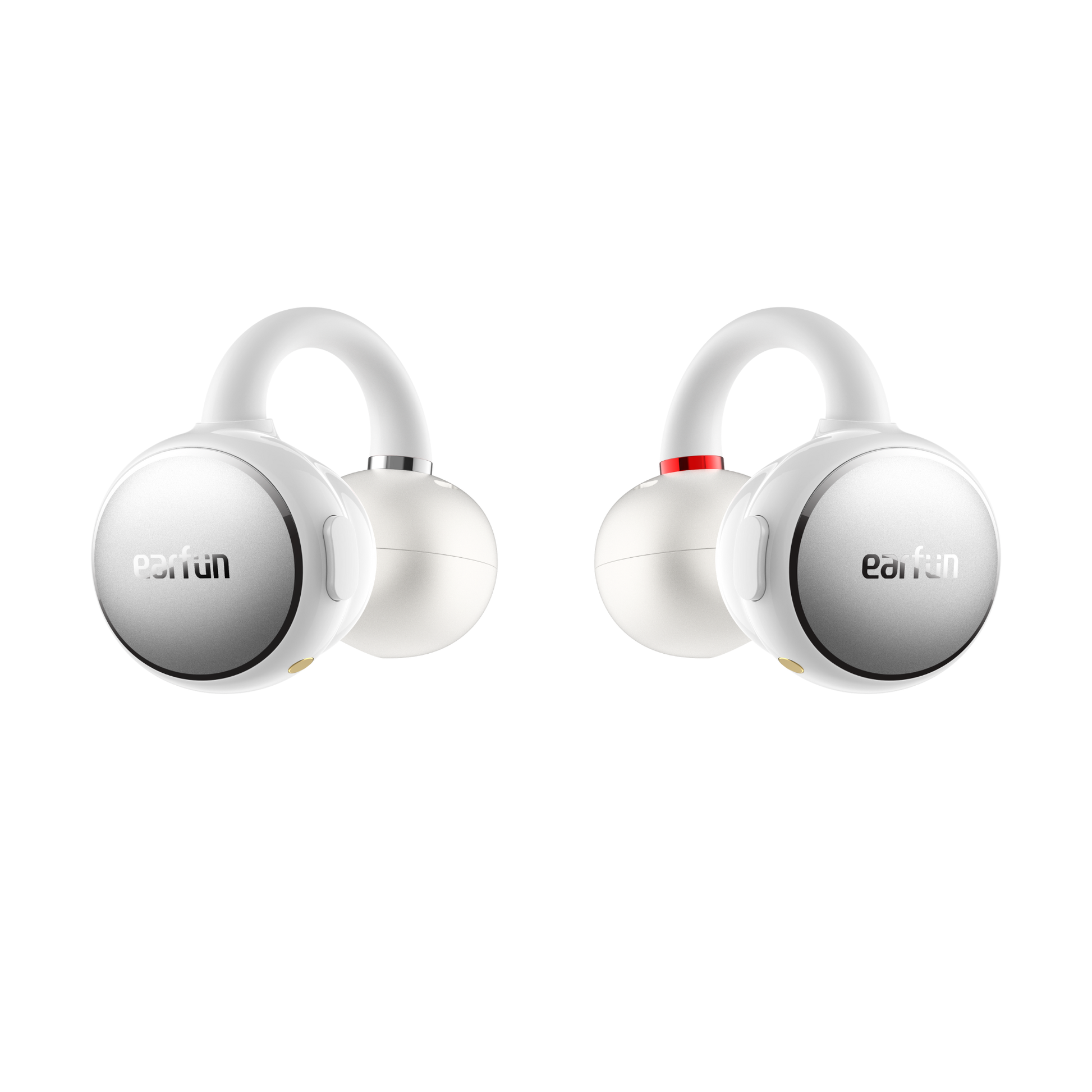 EarFun Clip wireless earbuds in white, featuring the signature circular design and flexible ear hooks, displayed side by side on a white background.