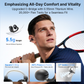 EarFun lightweight 5.5g ear-clip earbuds shown on a tennis player with graphics highlighting all-day comfort, upgraded C-bridge, reduced pressure points and secure fit for active use