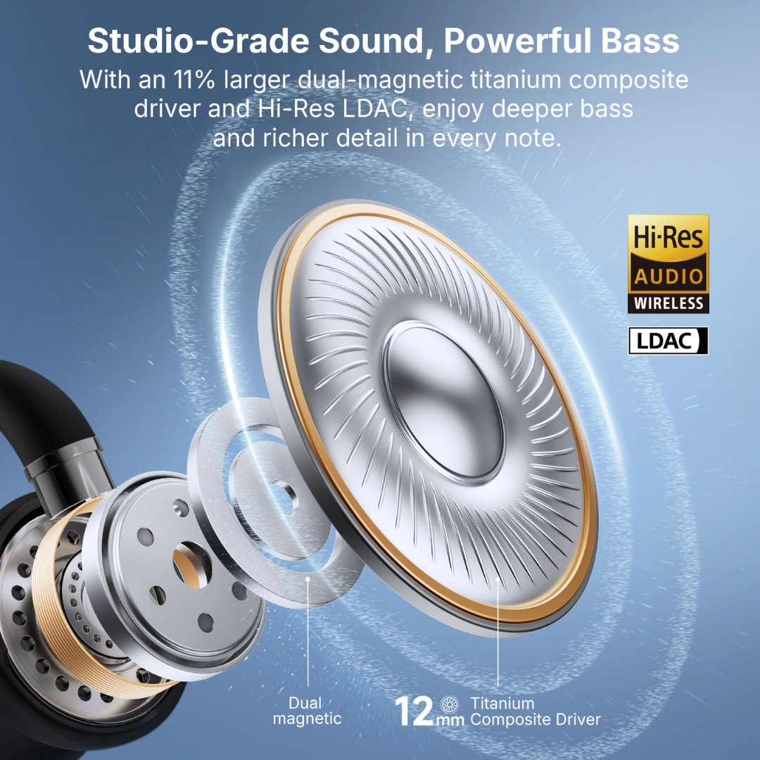 Exploded view of EarFun earbud 12mm dual-magnetic titanium composite driver with studio-grade sound, powerful bass and Hi-Res Audio LDAC logos on blue background