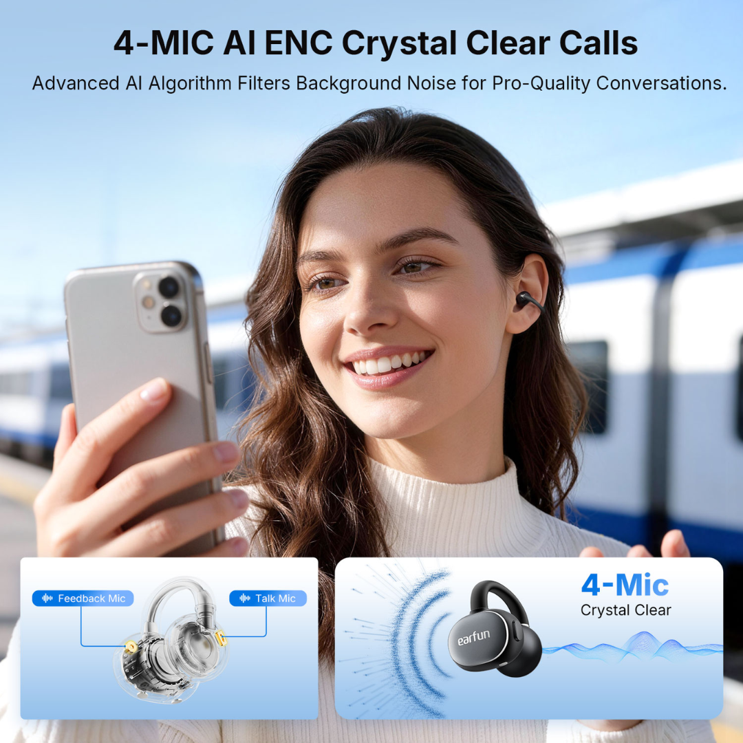Person using EarFun ear-clip earbuds on a phone call at a train station with graphics showing 4-mic AI ENC noise cancelling for crystal clear calls and dual feedback and talk microphones