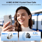 Person using EarFun ear-clip earbuds on a phone call at a train station with graphics showing 4-mic AI ENC noise cancelling for crystal clear calls and dual feedback and talk microphones