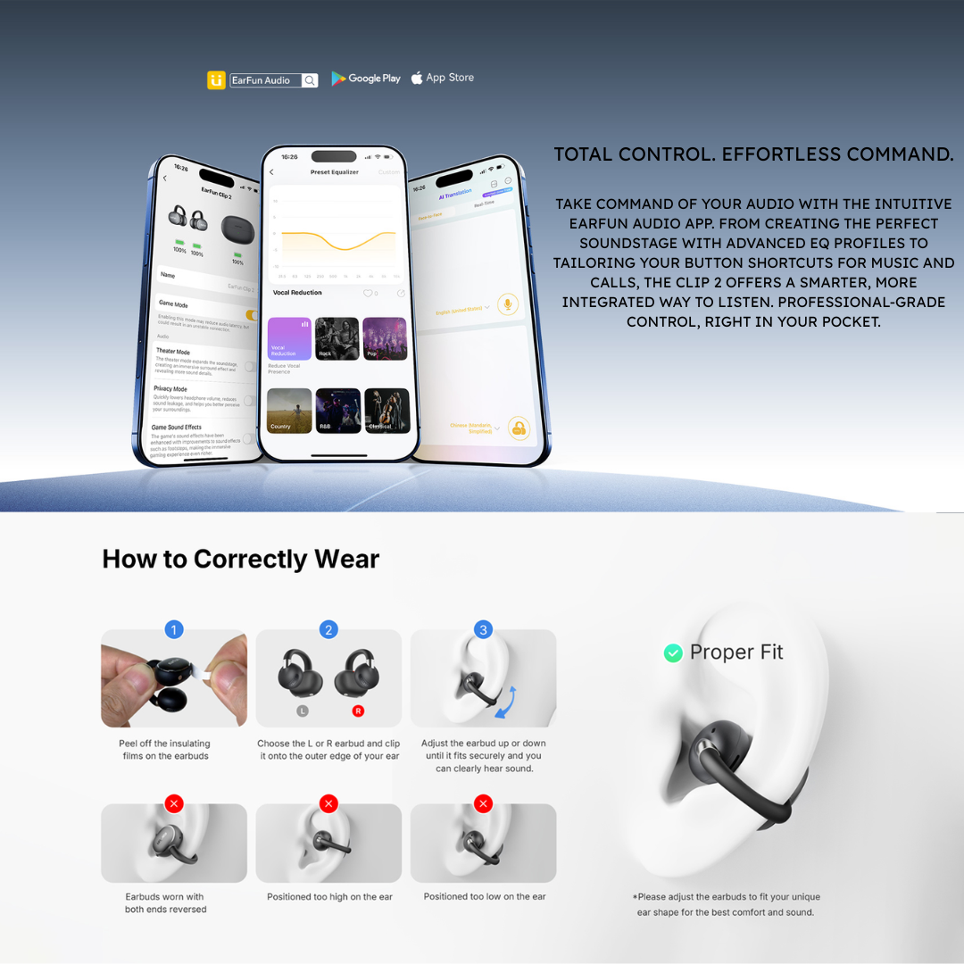 EarFun Audio app on three smartphones showing EQ and control settings above a step-by-step visual guide on how to correctly wear EarFun ear-clip earbuds for a proper fit