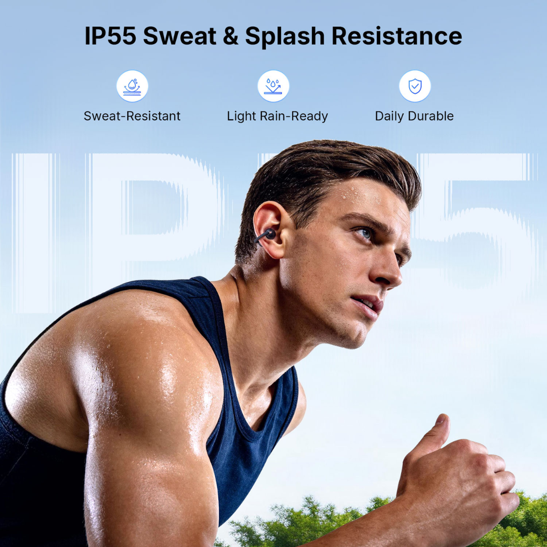 Runner wearing EarFun earbuds with IP55 sweat and splash resistance icons showing sweat resistant, light rain ready and daily durable design for workouts and outdoor exercise
