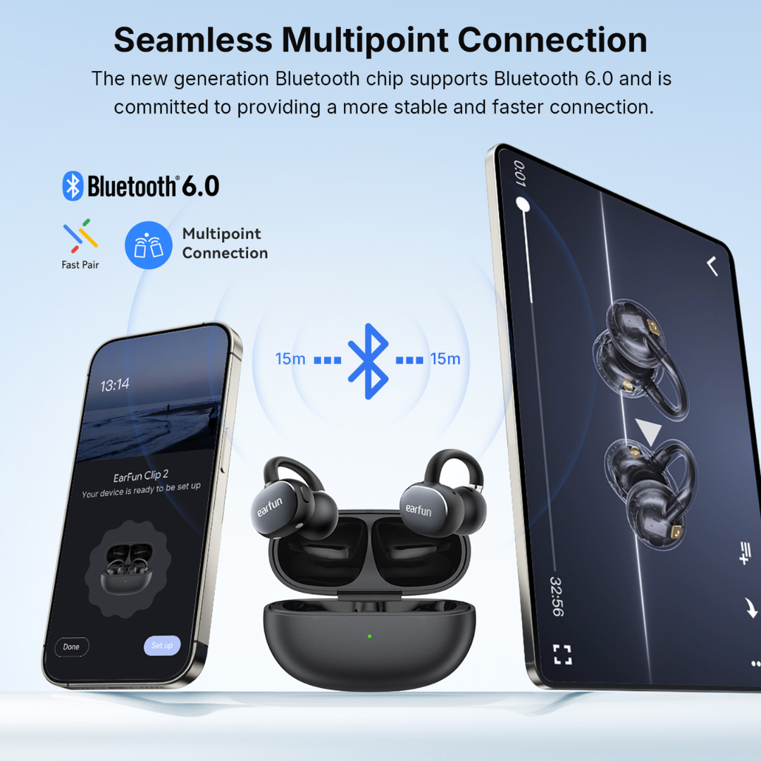 EarFun wireless earbuds in charging case connected via Bluetooth 6.0 to a smartphone and tablet, showcasing seamless multipoint connection and fast pair within 15m range