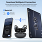 EarFun wireless earbuds in charging case connected via Bluetooth 6.0 to a smartphone and tablet, showcasing seamless multipoint connection and fast pair within 15m range