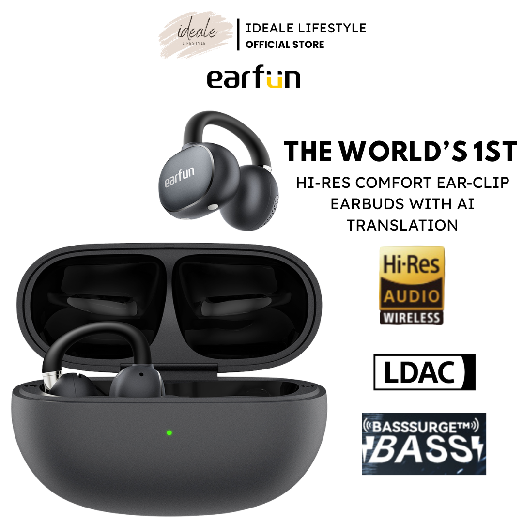 EarFun hi-res wireless comfort ear-clip earbuds with AI translation in open charging case, featuring LDAC, BassSurge bass and Hi-Res Audio logos from Ideale Lifestyle official store