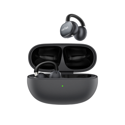 EarFun hi-res wireless comfort ear-clip earbuds in matte black with one earbud in open charging case and one floating above on white background