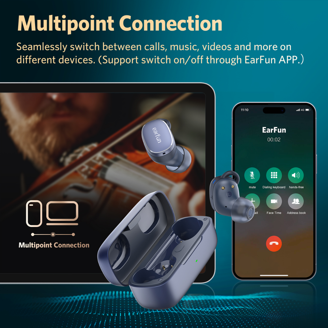 EarFun earbuds, open charging case, tablet with music, and smartphone call screen demonstrate multipoint connection; background includes call and music controls interface.