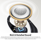 Close-up of EarFun OpenJump open-ear wireless earbud showing enlarged 14.2mm wool composite driver and BassSurge™ technology for rich, detailed sound and enhanced bass.